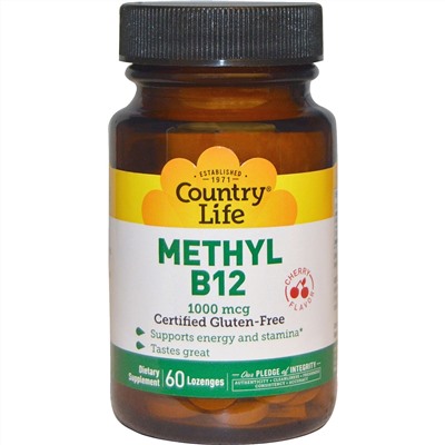 Country Life, Метил B12, вишневый ароматизатор, 1000 мкг, 60 леденцов
