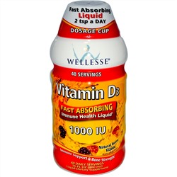 Wellesse Premium Liquid Supplements, Витамин D3, натуральный кус вишни, 1000 МЕ, 16 жидких унций (480 мл)