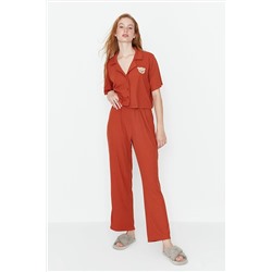 TRENDYOLMİLLA Tarçın Nakışlı Fitilli Gömlek-Pantolon Örme Pijama Takımı THMSS21PT0168