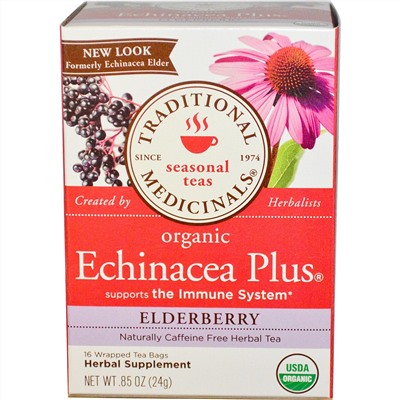 Traditional Medicinals, Echinacea Plus, Органический чай с эхинацеей и бузиной, Без кофеина, 16 пакетиков, 0,85 унции (24 г)