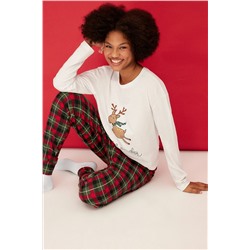 TRENDYOLMİLLA Çok Renkli %100 Pamuk Yılbaşı Temalı Tshirt-Jogger Örme Pijama Takımı THMAW21PT0776