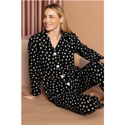 Siyah İnci Düğmeli Polar Pijama Takım 7568