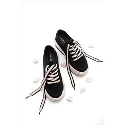 Marjin Kadın Sneaker Yüksek Taban Bağcıklı Bez Spor Ayakkabı Kotnel siyah 321012111