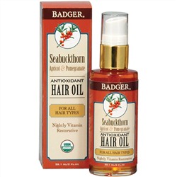 Badger Company, Противоокислительное облепиховое масло для волос, с абрикосом и гранатом, 2 жидких унции (59.1 мл)