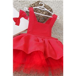 Shecco Babba Kırmızı Puantiyeli Kız Çocuk Tütü Elbise Bandana Takım 1-10 Yaş Doğum Günü Elbisesi SOC202219