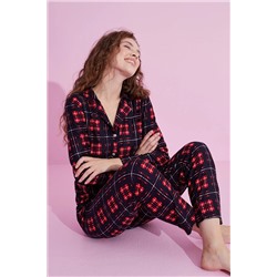 Siyah İnci lacivert ekose Yılbaşı desenli Düğmeli Süet Pijama Takım 7611