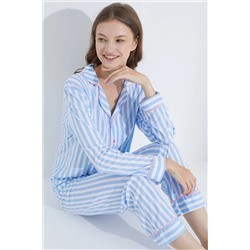 Siyah İnci mavi beyaz çizgili Düğmeli Biyeli Örme Pijama Takım 7588