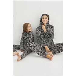 Siyah İnci Desenli Örme Kaşkorse Kapişonlu Pijama Takım 21263242