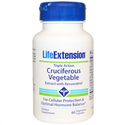 Life Extension, Крестоцветных овощи, тройного действия, экстракт с ресвератролом, 60 растительных капсул