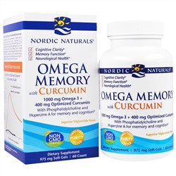 Nordic Naturals, "Омега-память", пищевая добавка с омега-3 и куркумином, 975 мг, 60 мягких желатиновых капсул с жидкостью