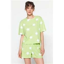 TRENDYOLMİLLA Açık Yeşil Yıldız Baskılı Pamuklu T-shirt-Şort Örme Pijama Takımı THMSS22PT0501