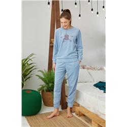 Siyah İnci Mavi Alt-üst Polar Nakışlı Pijama Takım 22278307
