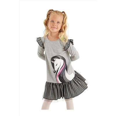 Denokids Zarif Unicorn Gri Kız Çocuk Elbise CFF-23S1-031