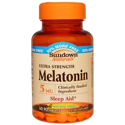 Sundown Naturals, Мелатонин, Супер сила, 5 мг, 90 таблеток