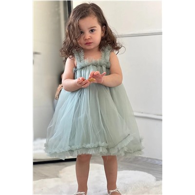 meqlife Prenses Kız Çocuk Parti Elbisesi Doğum Günü Kıyafeti - Su Yeşili MEQ00001MQ