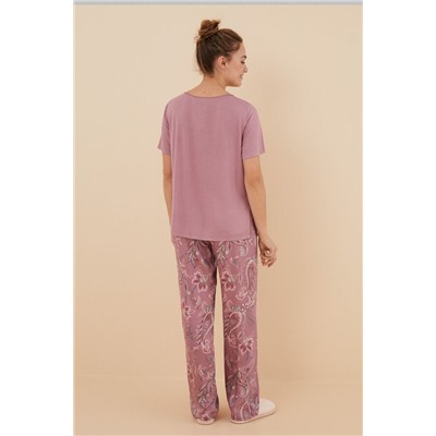 Pijama rosa manga corta pantalón largo flores viscosa satén