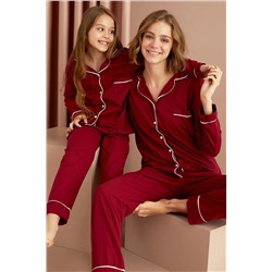 Siyah İnci Bordo-beyaz Pamuklu Düğmeli Cepli Biyeli Uzun Kollu Pijama Takımı 7554