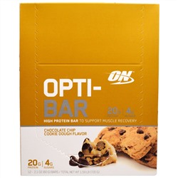Optimum Nutrition, Высокопротеиновый батончик Opti-Bar, Вкус Печенья с Шоколадной Крошкой, 12 батончиков по 2,1 унции (60г) каждый