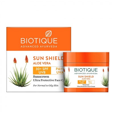 BIOTIQUE Sun shield aloe vera 30+spf sunscreen cream Солнцезащитный крем для лица с алоэ вера 50г