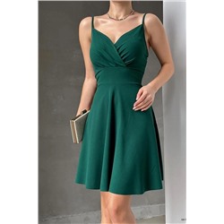 Deafox Krep Kumaş Yeşil Ince Askılı Kloş Elbise DFX581746