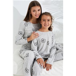 Siyah İnci gri çiçek desenli Pamuklu Pijama Takımı 7700