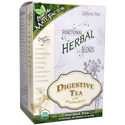 Mate Factor, Органические детоксирующие травяные смеси, чай с пребиотиками для улучшения пищеварения, 20 пакетиков, (3,5 г) каждый