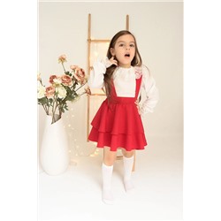 Parla Kids Kız Çocuk Helen Kırmızı Askılı Kat Kat Bağlama Jile Elbise Dantel Detay Uzun Kollu Bluz Takım TKM-0181