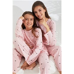 Siyah İnci somon puan desenli Pamuklu Pijama Takımı 7693