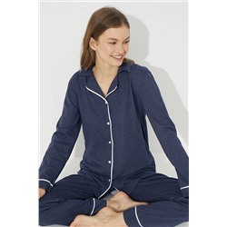 Siyah İnci Indigo Pamuklu Düğmeli Biyeli Pijama Takım 7314