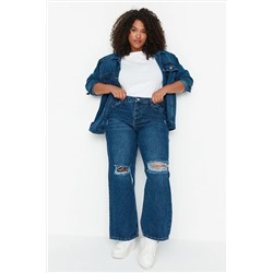 Trendyol Curve Koyu Mavi Yüksek Bel Geniş Kesim Yırtıklı Jeans TBBSS22JE00006