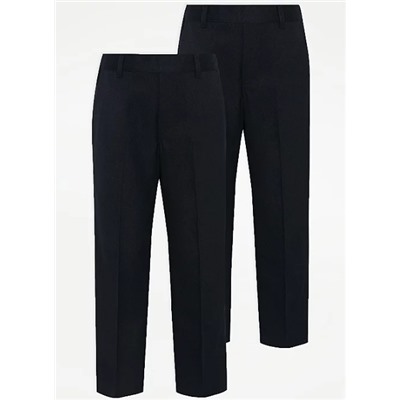 Boys Navy Longer Length Half Elastic School Trouser 2 Pack