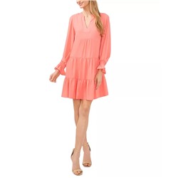 CECE Women's Split-Neck Balloon-Sleeve Tiered A-line Dress