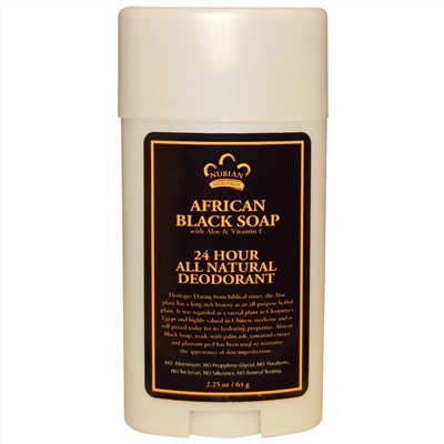 Nubian Heritage, Натуральный дезодорант с защитой 24 часа, Африканское черное мыло с алоэ и витамином E, 2,25 унции (64 г)