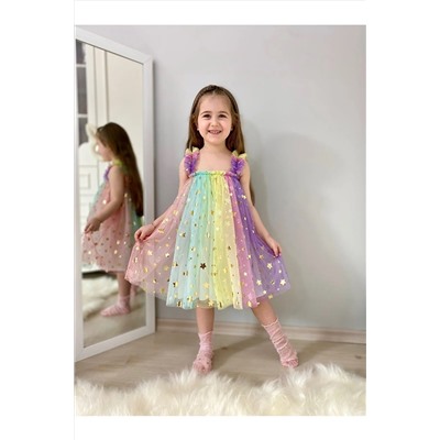 Kidolitt Rainbow Renk Geçişli Yıldızlı Kız Çocuk Elbise 23001012345