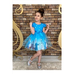 Neşeli Bebe Kız Çocuk Frozen Elsa Mavi Elbise 8002