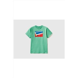 United Colors of BenettonErkek Çocuk Nane Yeşili Tenis Kortu Baskılı T-shirt