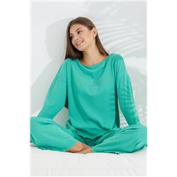 Siyah İnci Yeşil Soft Touch Ince Örme %100 Cotton Nakışlı Pijama Takımı 7690