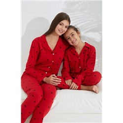 Siyah İnci Kırmızı Pamuklu Düğmeli Pijama Takımı 7611