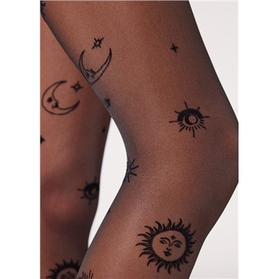 Transparente Strumpfhose 30 Denier mit „Mond und Sonne“-Flockprint