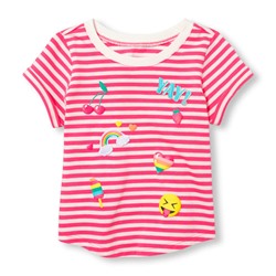 Toddler Girls Short Sleeve Patch And Puff Print Emoji Graphic Neon Striped Top