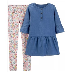 2-Piece Chambray Bell-Sleeve Top & Floral Legging Set