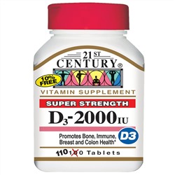 21st Century, Витамин D3, суперсила, 2000 МЕ, 110 таблеток