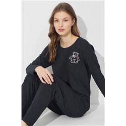 Siyah İnci Siyah Beyaz Puan Desenli Pamuklu Nakışlı Pijama Takımı 7613