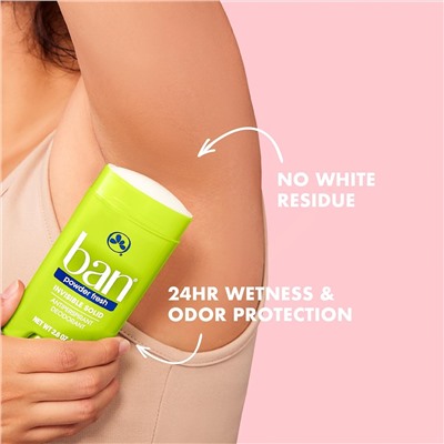 Ban Powder Fresh 24-hour Invisible Antiperspirant, 2.6oz Solid Deodorant, Underarm Wetness Protection, with Odor-fighting Ingredients (4 Pack)
