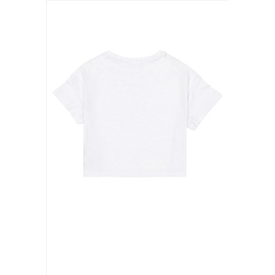 Kız Çocuk Beyaz Bisiklet Yaka Crop Tişört