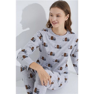 Siyah İnci gri melanj panda desenli Jogger Örme Pijama Takım 7703
