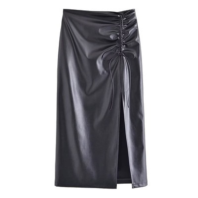 UR ZA COS 2022 летняя новая женская черная плиссированная юбка из искусственной кожи с высокой талией в европейском и американском стиле и кулиской