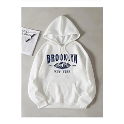 İsaac Unisex Beyaz Mavi Brooklyn Baskılı Kapüşonlu Sweatshirt mancybyzbrooklyn