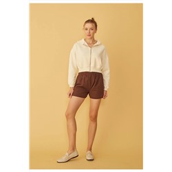 TUBİAKadın Kapüşonlu Şardonlu Taş Renk Crop Sweatshirt Hırka