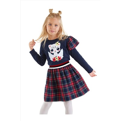 Denokids Kanatlı Kedi Kız Çocuk Lacivert Ekose Elbise CFF-23K1-003